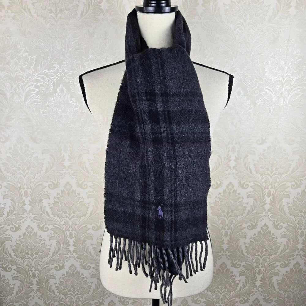 Polo Ralph Lauren Wool Blend Oblong Scarf Dark Gray Black Red Fringed Ends